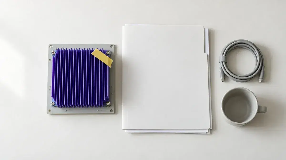 Photo illustration: seen from above, a violet finned processor heatsink marked with yellow tape, a closed white folder on blank sheets, a coiled grey cable and a cup.