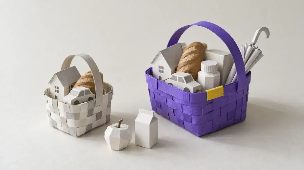 Photo illustration: two handmade paper shopping baskets, a small white one and a larger violet one with yellow tape, both holding paper houses, bread and cars, with extra items in the violet one.