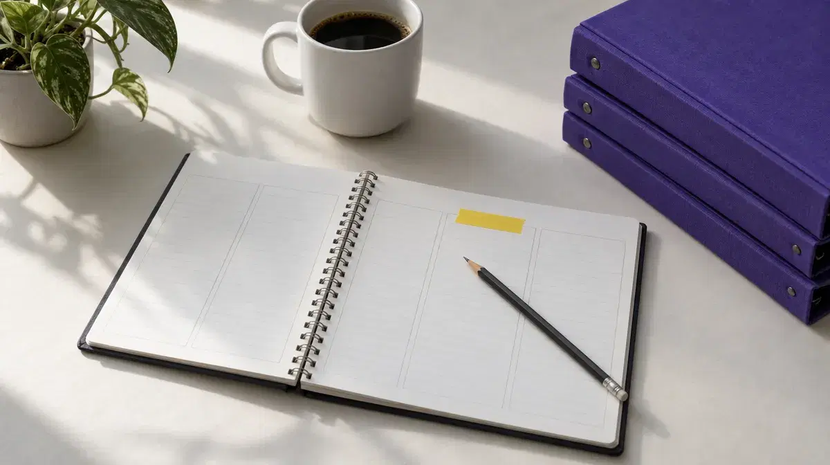 Photo illustration: an open week planner with blank day columns, one marked with yellow tape, a pencil, a coffee mug, a plant and three violet binders on a desk.