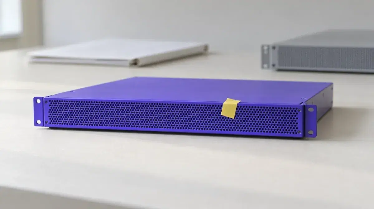 Photo illustration: a plain violet rack-mount server with a strip of yellow tape on its front edge, with a white folder and a grey server blurred behind it on a desk.