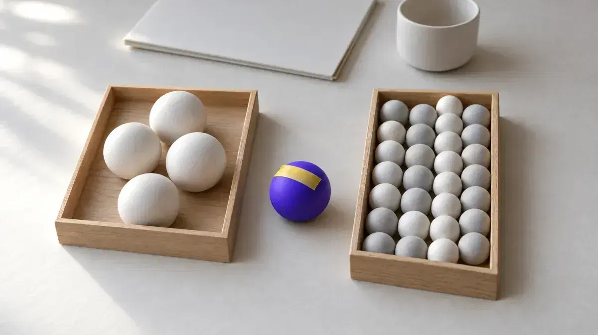 Photo illustration: a violet ball with yellow tape between two wooden trays, one holding a few large white balls and the other many small grey and white balls.