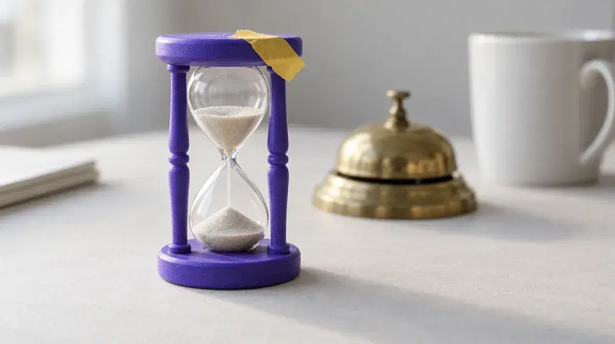 Photo illustration: close-up of a sand hourglass with a violet frame and a strip of yellow tape, a brass desk bell and a white mug blurred behind it.