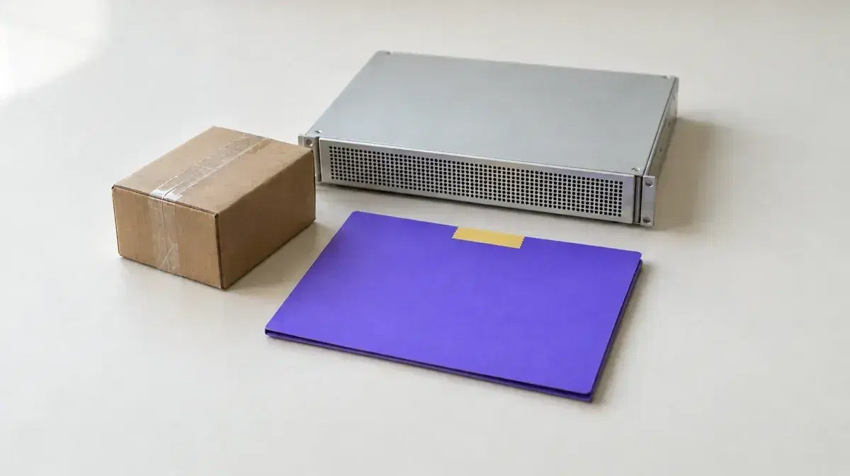 Photo illustration: a closed violet folder with a strip of yellow tape, a plain taped cardboard parcel and a grey server unit on an off-white desk.