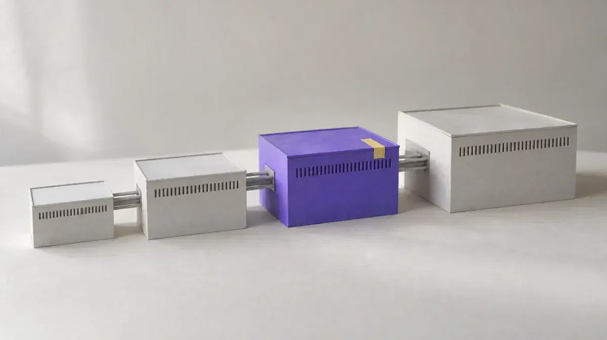 Photo illustration: four paper warehouse models in a row, growing in size from left to right, the third in violet with a strip of yellow tape, joined by thin grey cable trays.