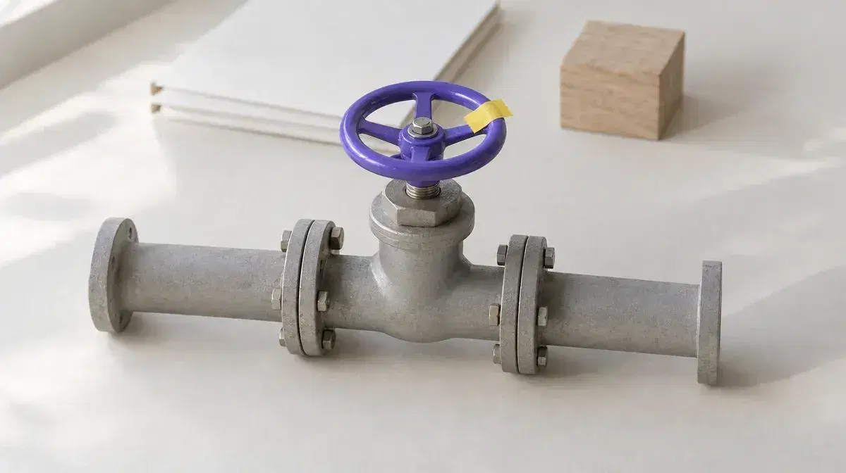 Photo illustration: a grey flanged metal pipe on a pale desk with a valve whose handwheel is violet with a strip of yellow tape, a white folder and a wooden block behind it.
