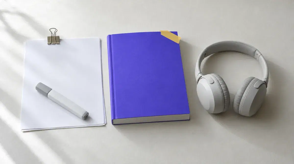 Photo illustration: a clipped stack of blank sheets with a highlighter, a thick violet report marked with yellow tape, and a pair of headphones on a desk.