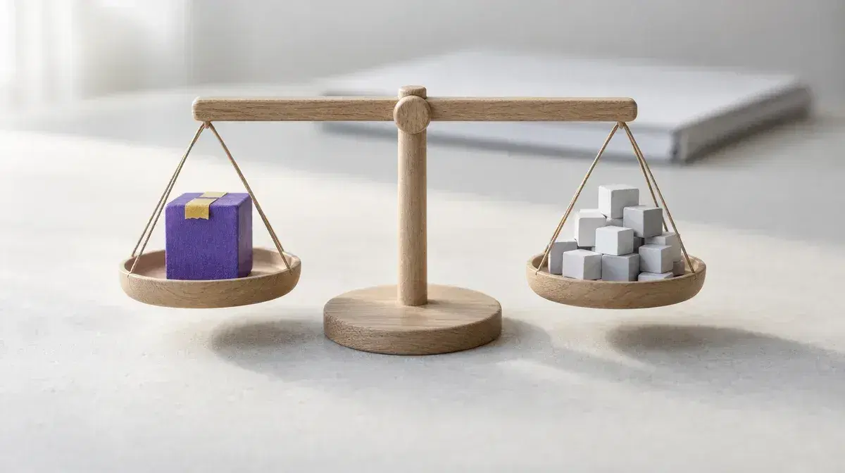 Photo illustration: a level wooden balance scale with one large violet block with yellow tape in one pan and many small grey and white cubes in the other.