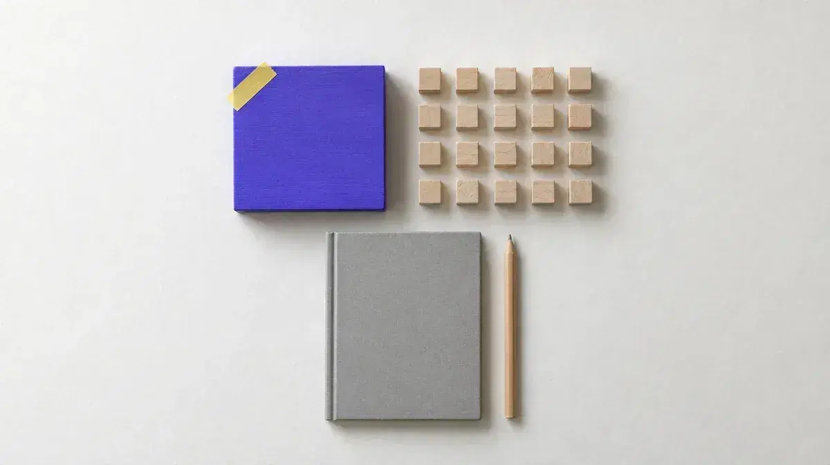 Photo illustration: seen from above, one large violet block marked with yellow tape beside a grid of small identical wooden cubes, with a closed grey notebook and a pencil.